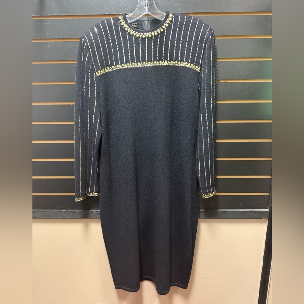 Vintage St. John Evening Black Knit Dress Gold Embellished Size 14